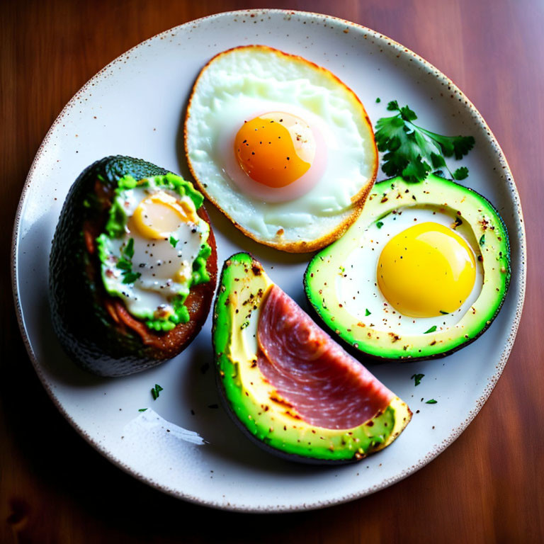 Assorted egg dishes on a plate with avocado and bell pepper rings.