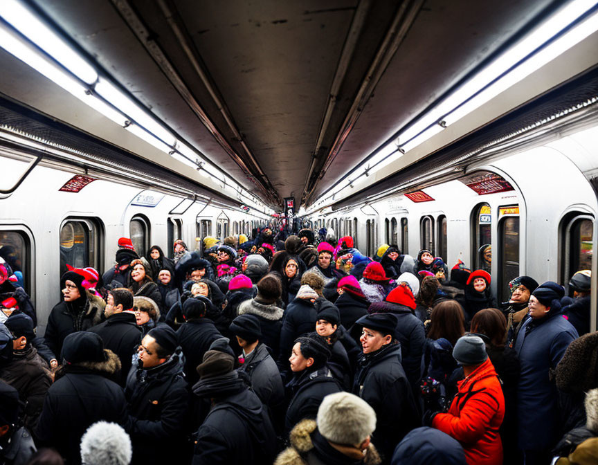 Crowded Subway Train with Passengers in Winter Clothing