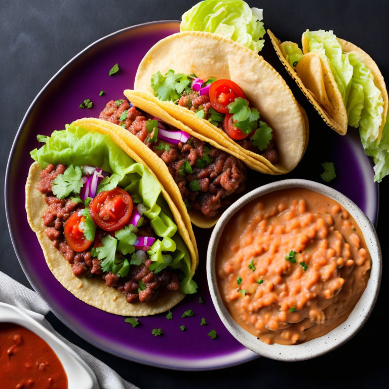 Tacos with ground meat, lettuce, tomatoes, and cilantro on purple plate with refried beans