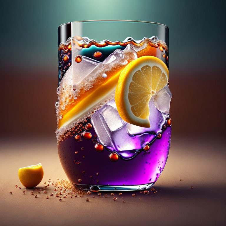 Colorful Purple and Amber Drink with Lemon Slice and Ice Cubes on Brown Background