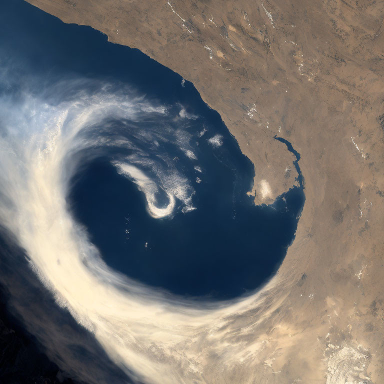 Swirling Cloud Patterns Over Blue Sea and Arid Landmasses