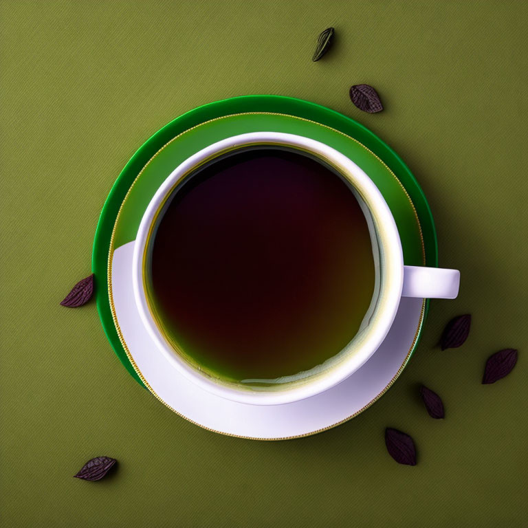 White Tea Cup on Green Saucer with Chocolate Pieces on Green Background