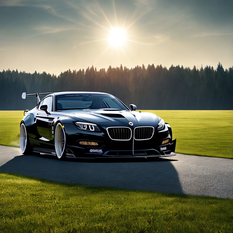 Black Sports Car on Asphalt Road at Sunset with Green Trees