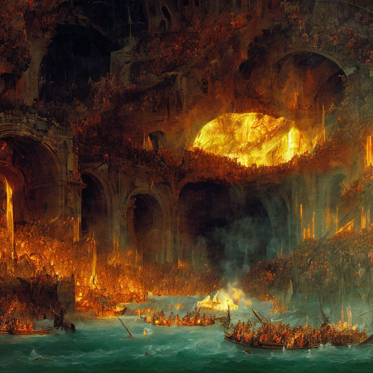 Large painting of fiery underground cavern with boats and archways