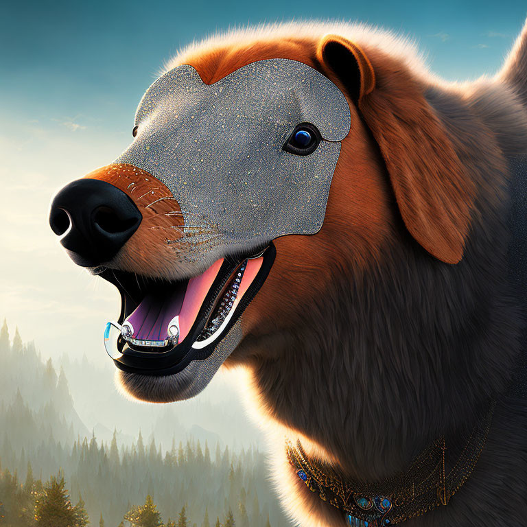 Digitally Enhanced Dog Image with Metallic Nose in Forest Sunrise