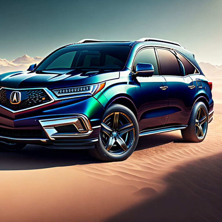 Blue Acura SUV parked on sandy terrain with day to night sky gradient.