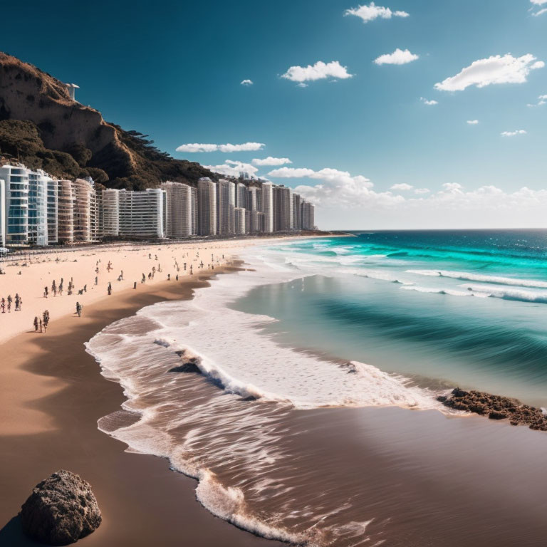 High-rise buildings overlooking sunny beachfront with turquoise waters and people enjoying the sand.