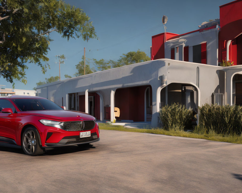 Red modern car parked outside contemporary two-story building with white and red exterior under clear blue sky