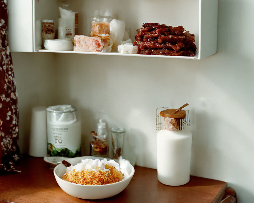 Kitchen shelf with jars, rice bowl, egg, meat, milk bottle, wooden utensils