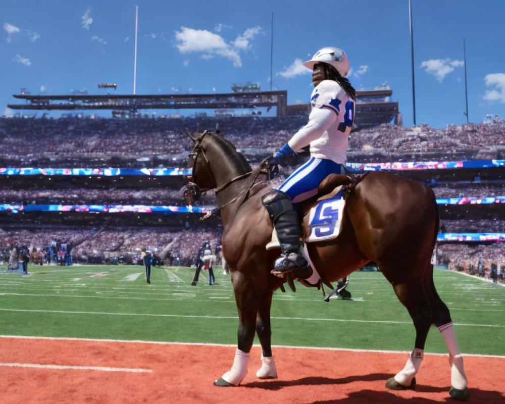 Football player on horseback in stadium under blue sky