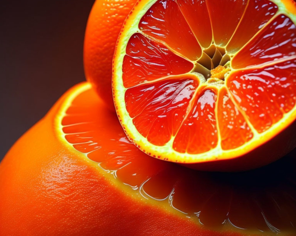 Close-up of sliced blood orange on glossy surface