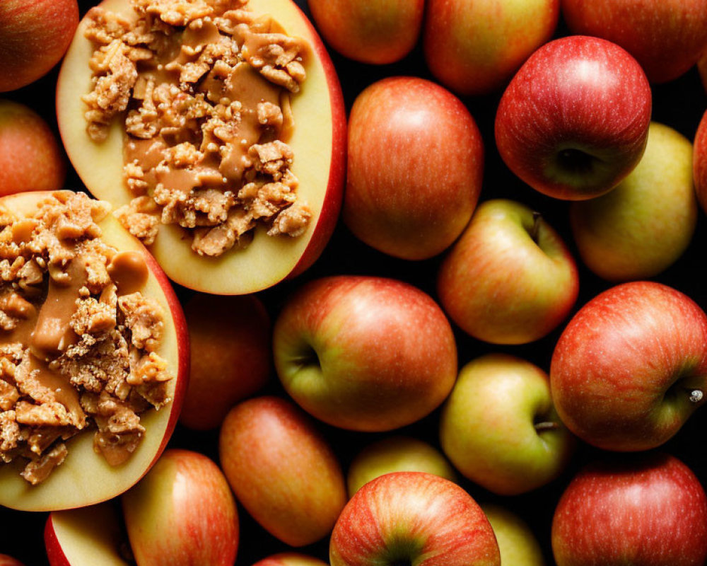 Fresh apple snack with peanut butter, granola topping, and red apples.