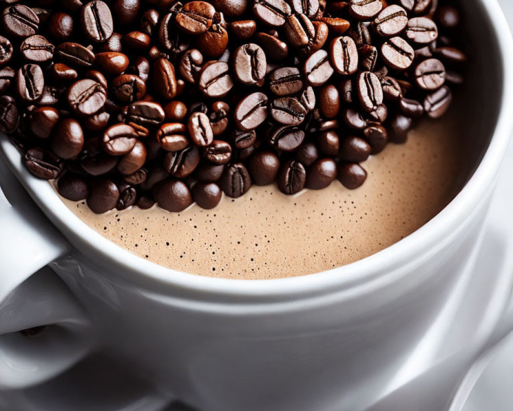 White Cup Overflowing with Coffee Beans and Frothy Brewed Coffee