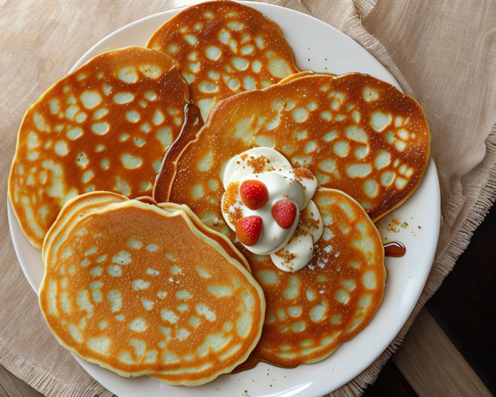 Golden-brown pancakes with syrup, whipped cream, and strawberries on white plate