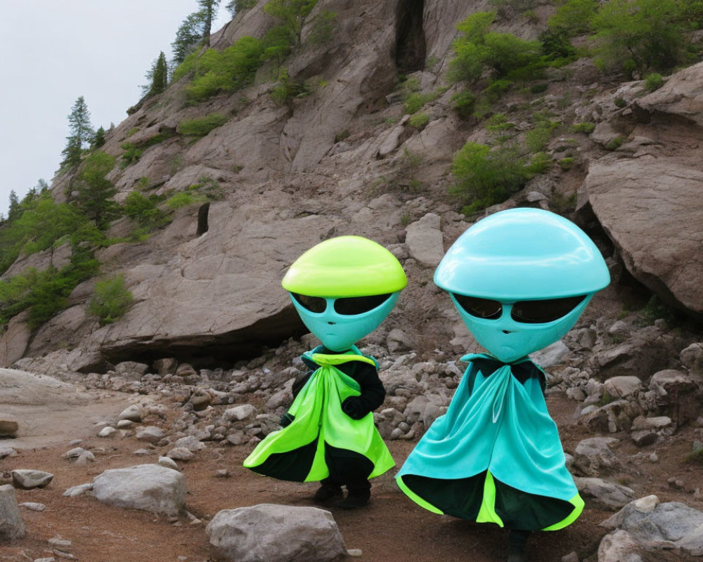 Two individuals in oversized alien costumes on rocky path with forested hill.