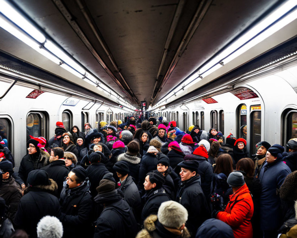 Crowded Subway Train with Passengers in Winter Clothing