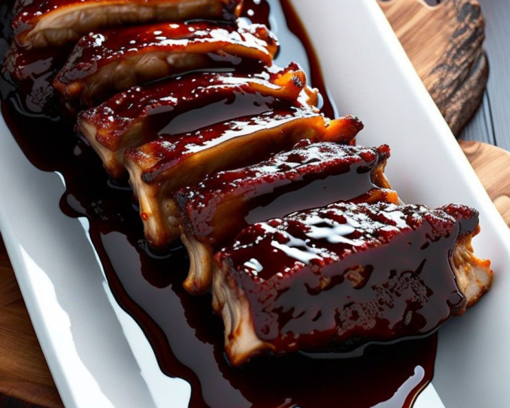 Barbecue ribs with glazed sauce on white plate and wooden table