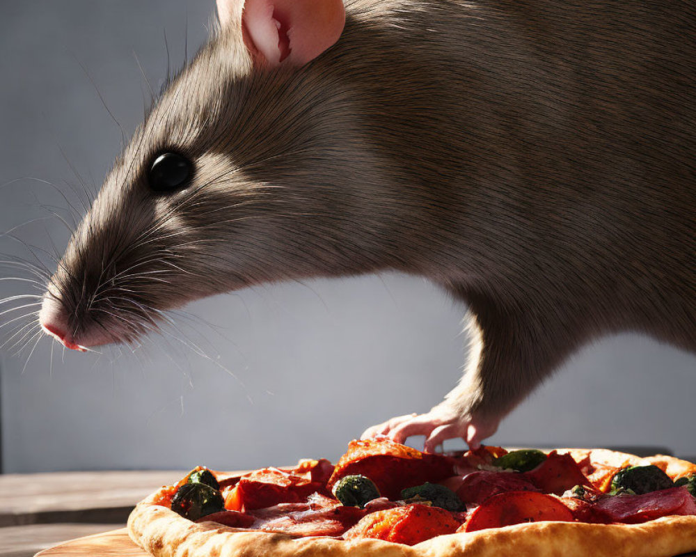 Brown Rat Reaching for Pizza Slice on Wooden Board