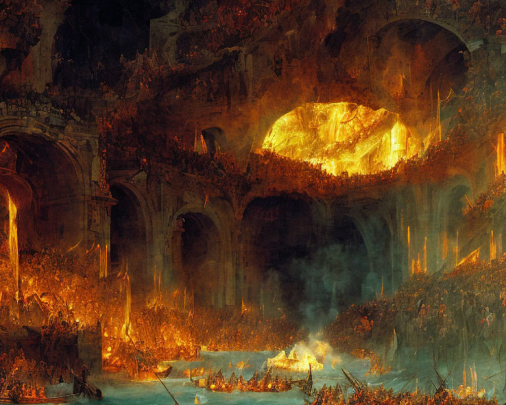 Large painting of fiery underground cavern with boats and archways