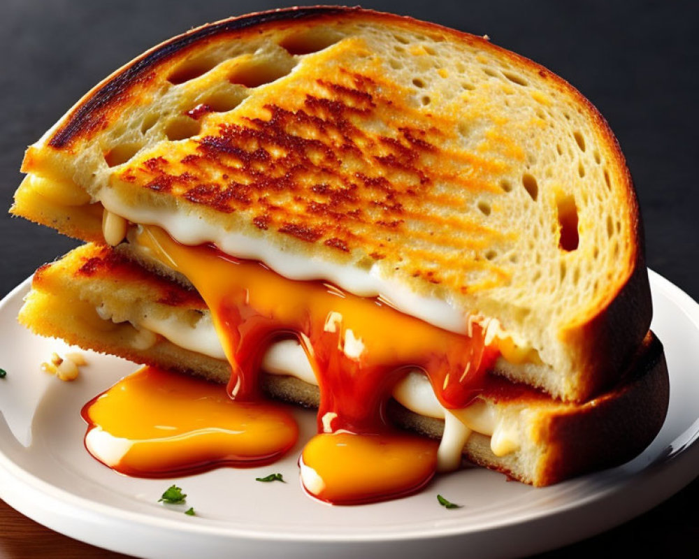 Melting cheese on grilled cheese sandwich with herbs on white plate