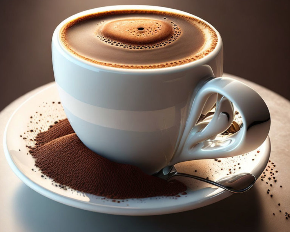 White Coffee Cup with Swirled Froth and Coffee Grounds on Saucer