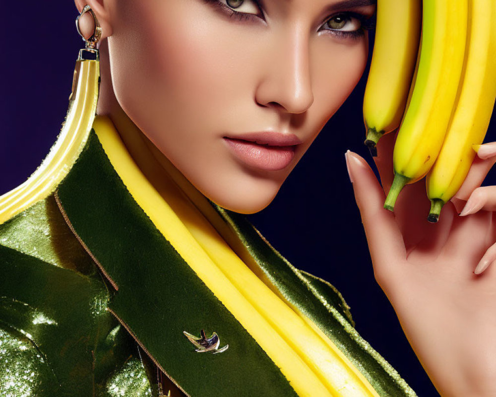 Woman with Striking Makeup and Golden Earrings Holding Bananas in Green Outfit