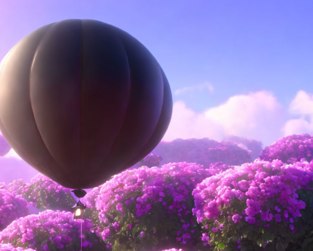 Black balloon above pink hydrangea bushes under purple sky