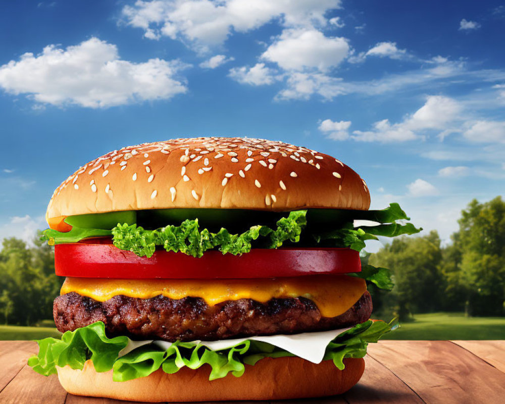 Cheeseburger with lettuce, tomato, and cheese on wooden surface against blue sky and green landscape.