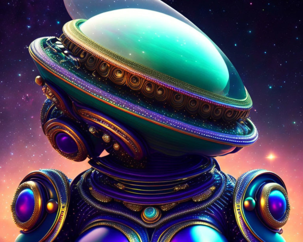 Colorful futuristic entity in ornate suit against cosmic backdrop.