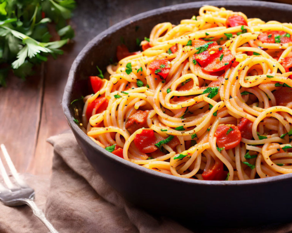 Spaghetti with Fresh Tomatoes and Parsley in Skillet on Wooden Table