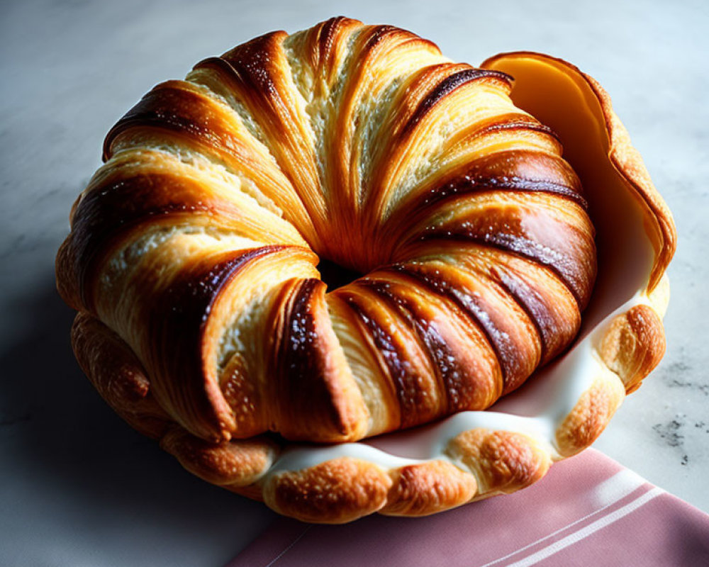 Golden-brown Crusted Croissant on Grey Surface with Pink Napkin