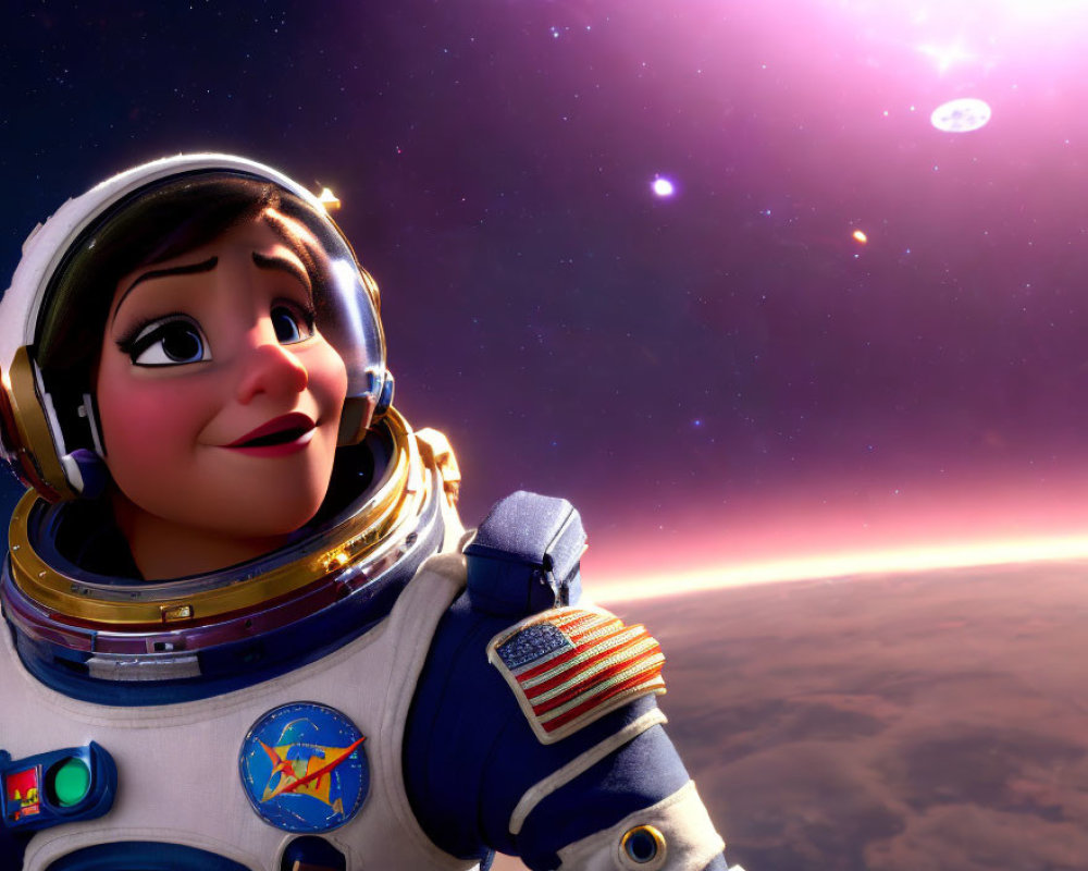 Female astronaut gazes at starlit sky with planet and spacecraft