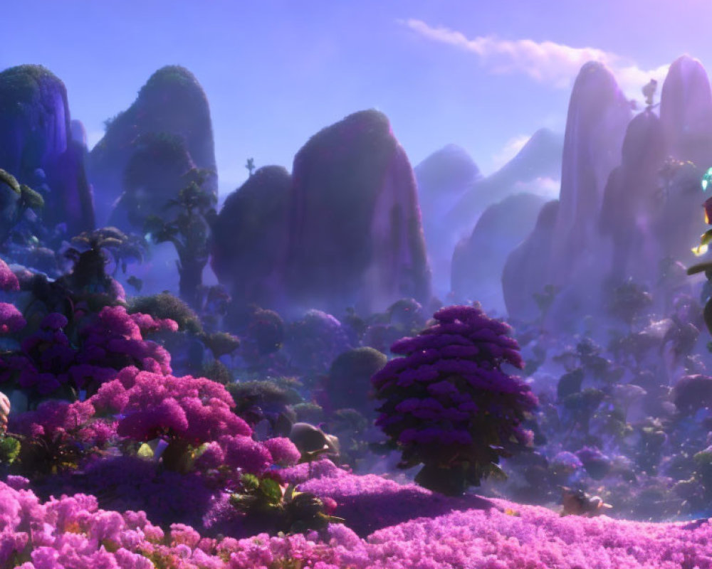 Colorful pink and purple flora in misty mountain landscape