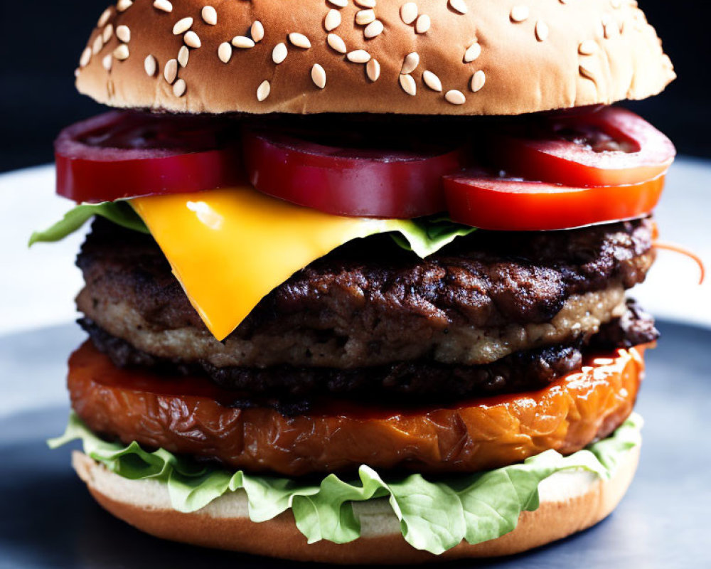 Classic Cheeseburger with Lettuce, Tomato, Pickles, and Beef Patty on Sesame Seed