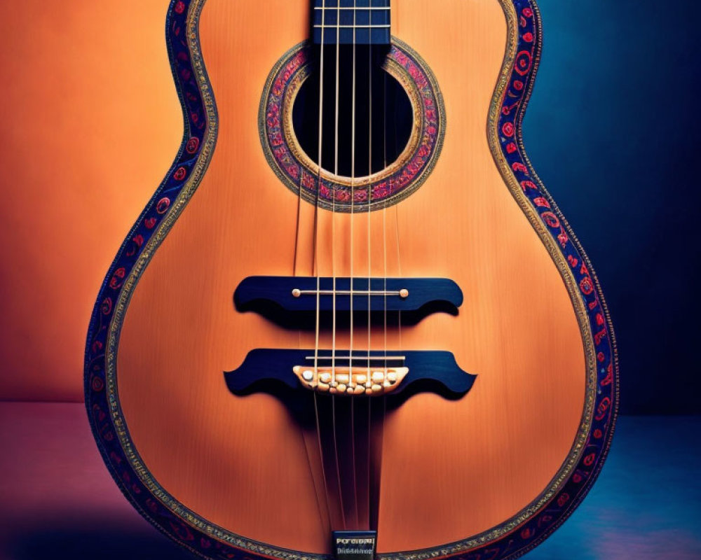 Ornate wooden acoustic guitar with decorative inlay on blue and orange gradient background