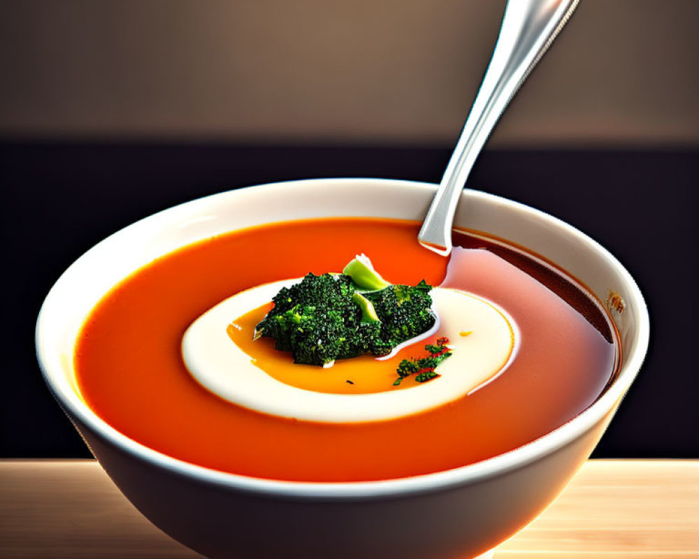 Creamy Tomato Soup with Sour Cream, Broccoli, Herbs, and Silver Spoon