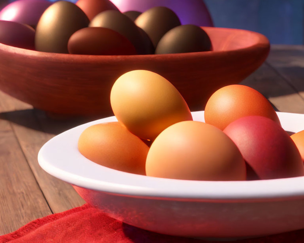 Vibrant Easter eggs on wooden bowl and plate with red cloth on table