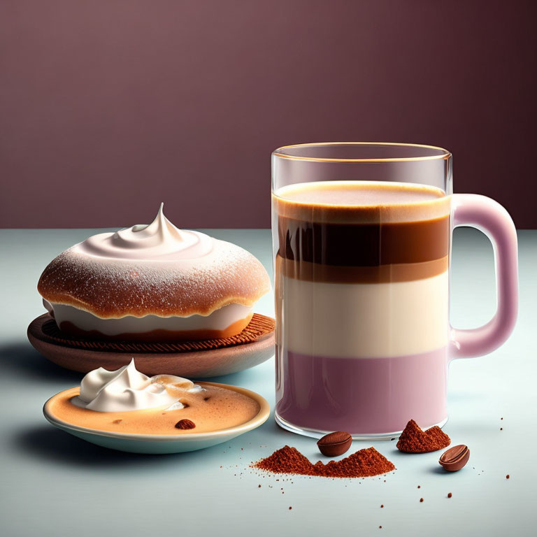 Layered Latte in Clear Mug with Coffee Beans, Cream-Filled Pastry, and Whipped