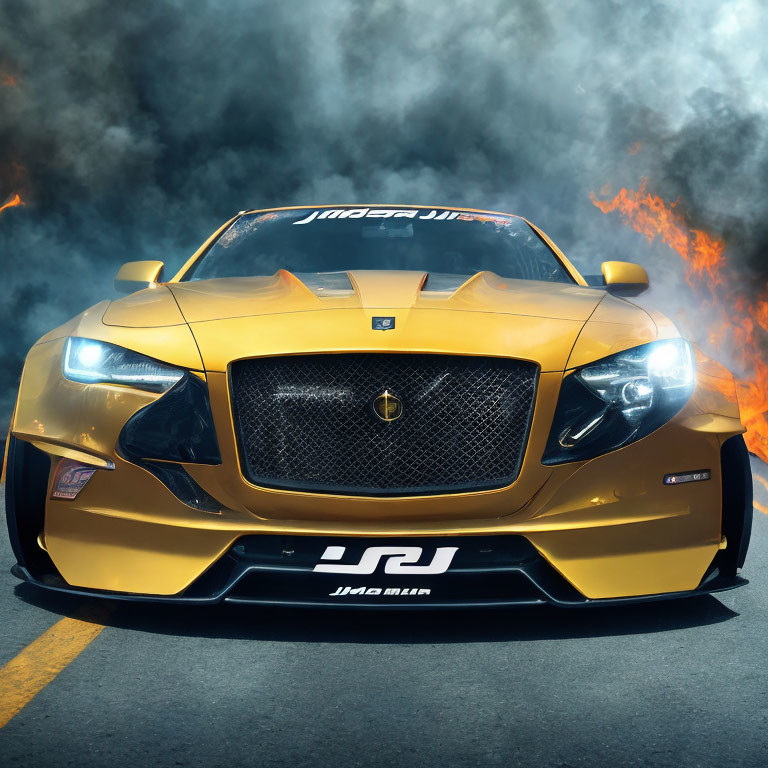 Metallic gold sports car with black grille and flames in background