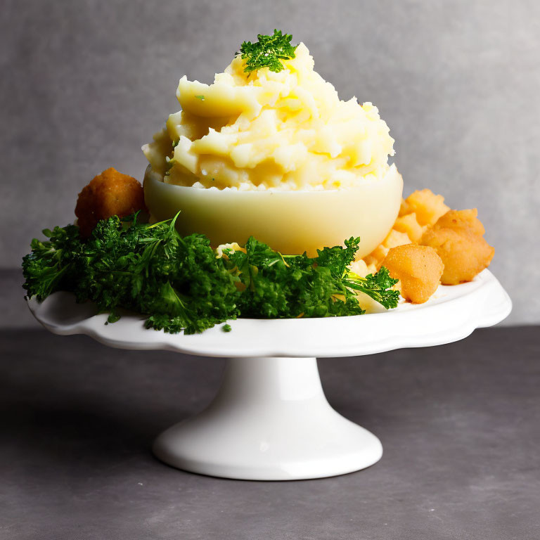 Mashed Potatoes in Cheese Rind Bowl with Crispy Nuggets
