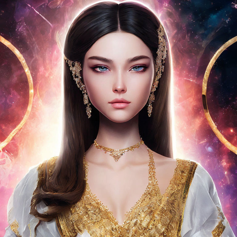 Digital illustration: Woman with blue eyes, gold jewelry, and cosmic background