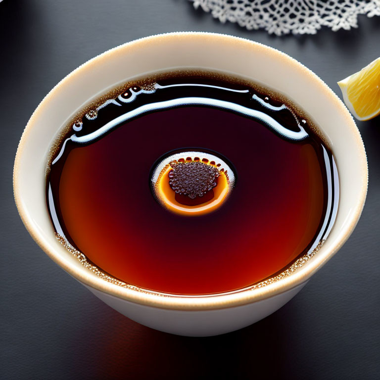 Dark Amber Cup of Tea with Lemon Slice Reflection