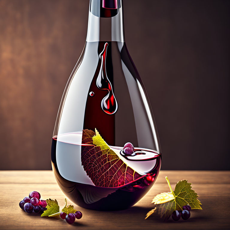 Red Wine Bottle with Leaf and Grape Design on Wooden Table with Grape Clusters