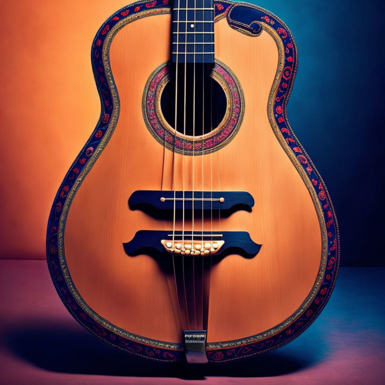 Ornate wooden acoustic guitar with decorative inlay on blue and orange gradient background