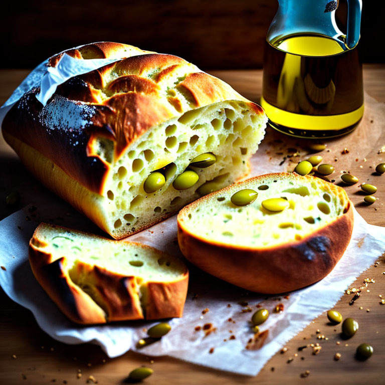 Loaf of Bread with Green Olives and Olive Oil on Wooden Table