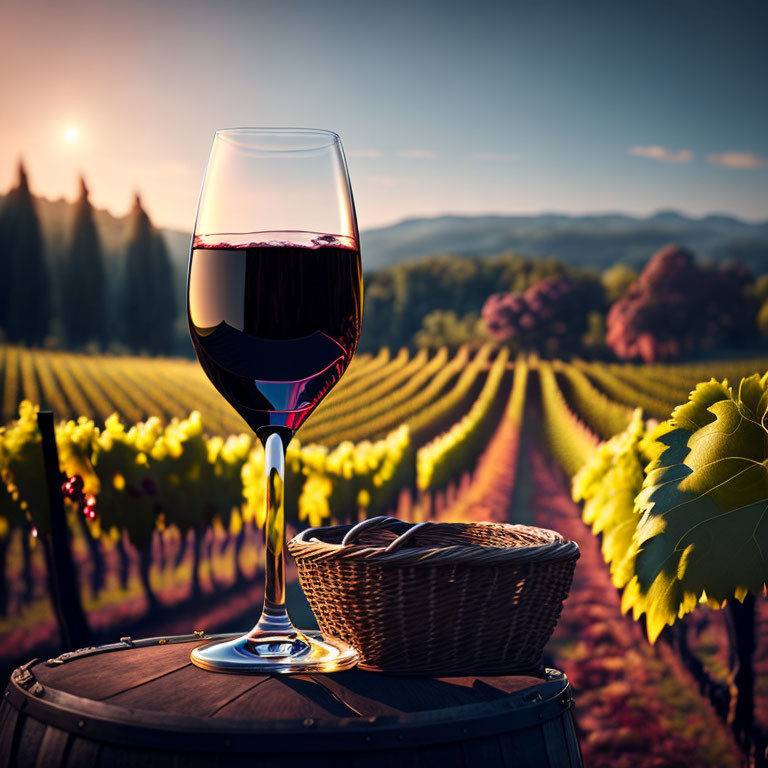 Red wine glass on barrel with vineyard view at sunset