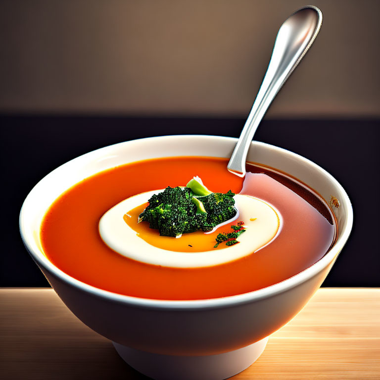 Creamy Tomato Soup with Sour Cream, Broccoli, Herbs, and Silver Spoon