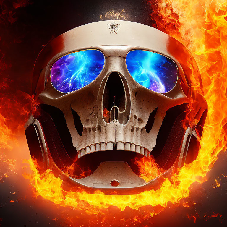 Metallic skull with electric blue eyes surrounded by fiery orange flames on dark background