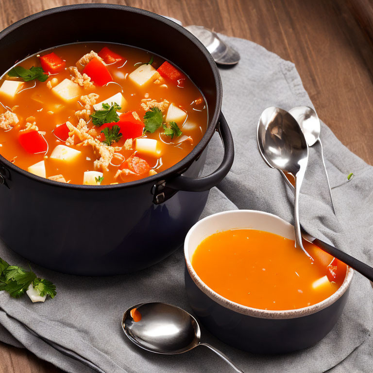 Vegetable soup in pot and bowl on wooden table