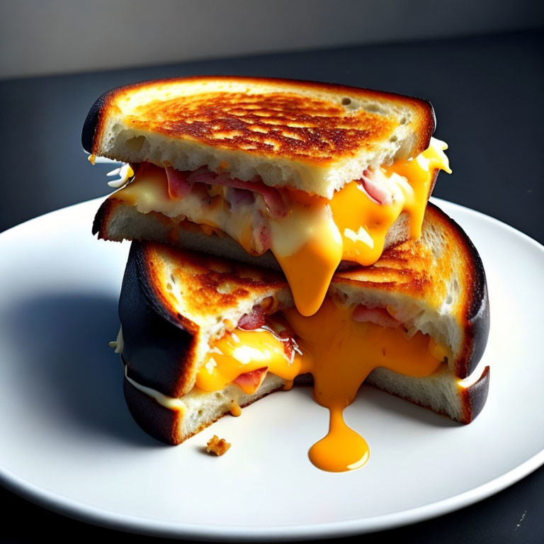 Melting cheese grilled sandwich on white plate, dark background